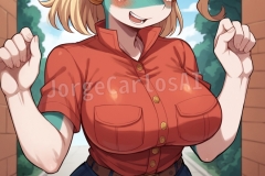 charset=Unicode score_9, score_8_up, score_7_up, score_6_up, score_5_up, score_4_up, BREAK
ippan_josei, blue skin, blonde, shy, happy, blushed, red shirt, pants, wide hips, big breasts, medium hair BREAK
anime style, source anime, (outline:0.7)

Negative prompt: score_4,score_5,score_3,score_2,score_1, signature, hands, 3d, realistic, frame, greyscale, nsfw, nude, naked, cleavage BREAK
simple background
Steps: 30, Sampler: DPM++ 3M SDE Exponential, CFG scale: 6, Seed: 847758375, Size: 1536x2048, Model: autismmixConfetti, Denoising strength: 0.6, Clip skip: 2, Lora hashes: "IppanJosei: cd9fef15d87f", Version: f0.0.17v1.8.0rc-1.7.0